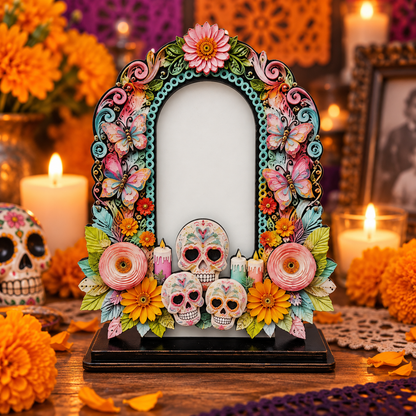 Day of the Dead Wooden Photo Frame – Día de los Muertos Decorative Frame for Altar, Shelf & Tabletop Display