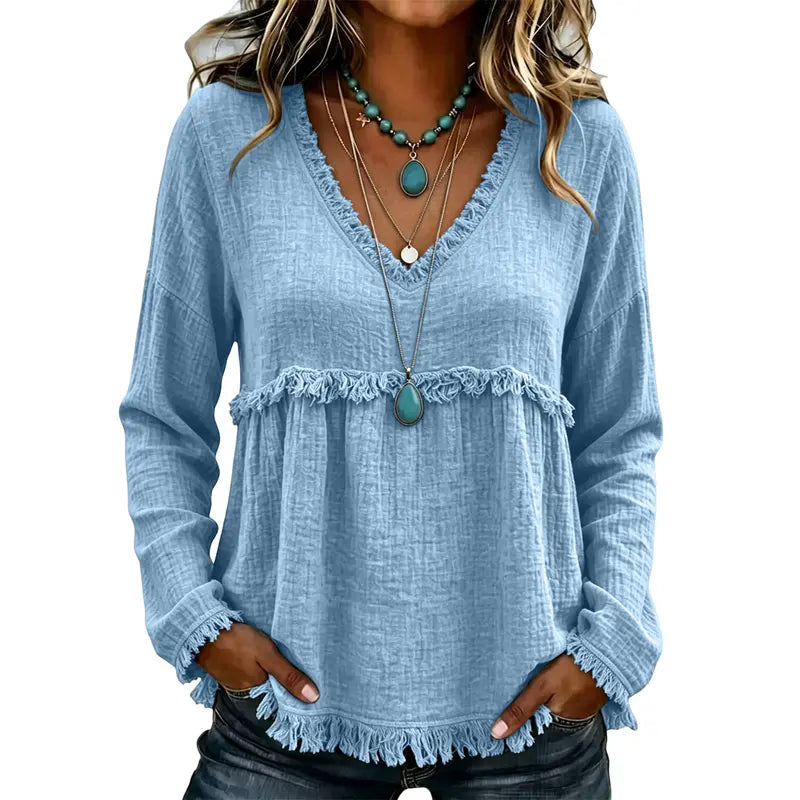 🌾Boho Fringe V-Neck Top – Flowy, Loose & Tassel Hem