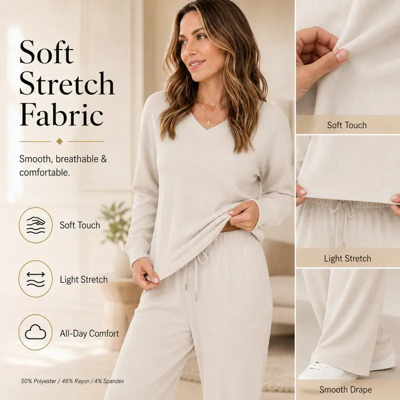 🌸 Effortless V-Neck Lounge Set – Wide Leg, Soft & Stylish