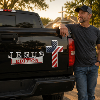 Blessed Jesus Edition Cross Emblem – Premium Metal Badge for Vehicle, Bible Study & Faith Collection (2 Pack)📖🕊️