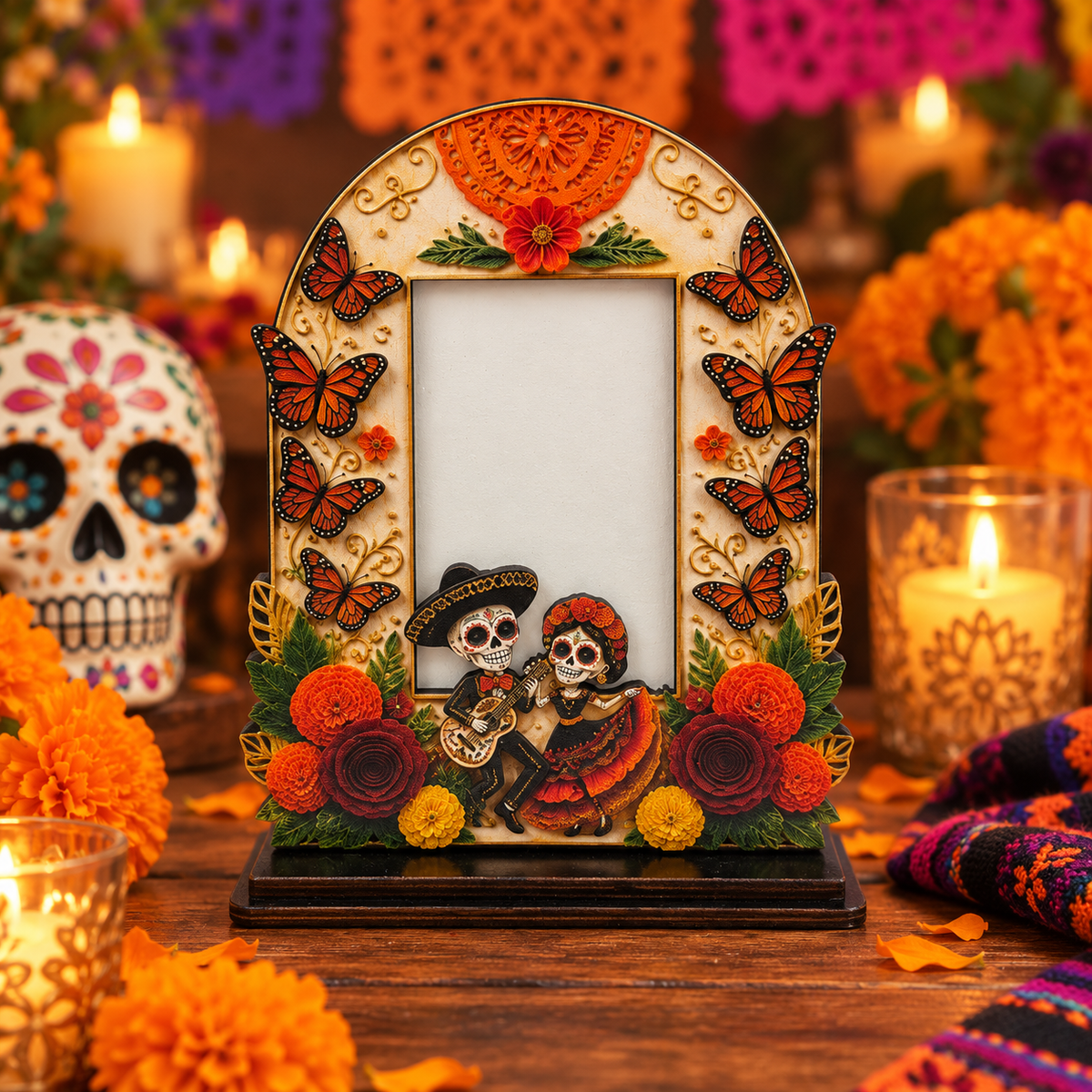 Day of the Dead Wooden Photo Frame – Día de los Muertos Decorative Frame for Altar, Shelf & Tabletop Display