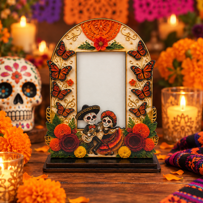 Day of the Dead Wooden Photo Frame – Día de los Muertos Decorative Frame for Altar, Shelf & Tabletop Display