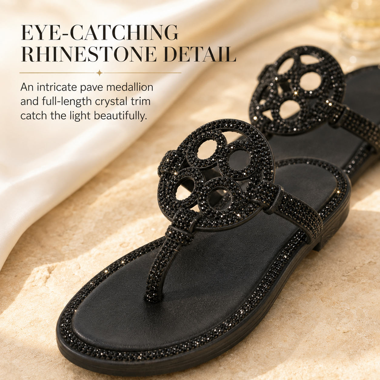 ✨ Sparkle Flat Sandals for Women – Gold Open-Toe Rhinestone Design, Comfortable Summer Slides