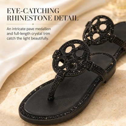 ✨ Sparkle Flat Sandals for Women – Gold Open-Toe Rhinestone Design, Comfortable Summer Slides