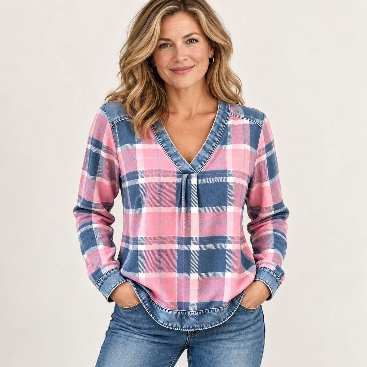 Color Block Plaid Blouse – Denim-Look Patchwork V-Neck, Long Sleeve, Relaxed Fit Women’s Shirt