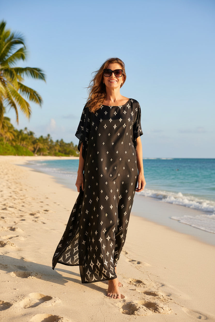 ✨ Women's Elegant Geometric Print Robe Set – Long Dress & Scarf Shawl, Satin Silk Beach Cover-Up 🌊