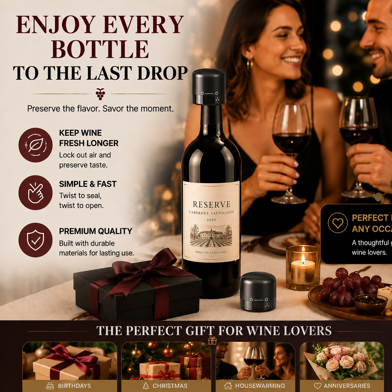 🍷 Premium Vacuum Wine Stopper – Keep Wine Fresh Longer with Airtight Seal
