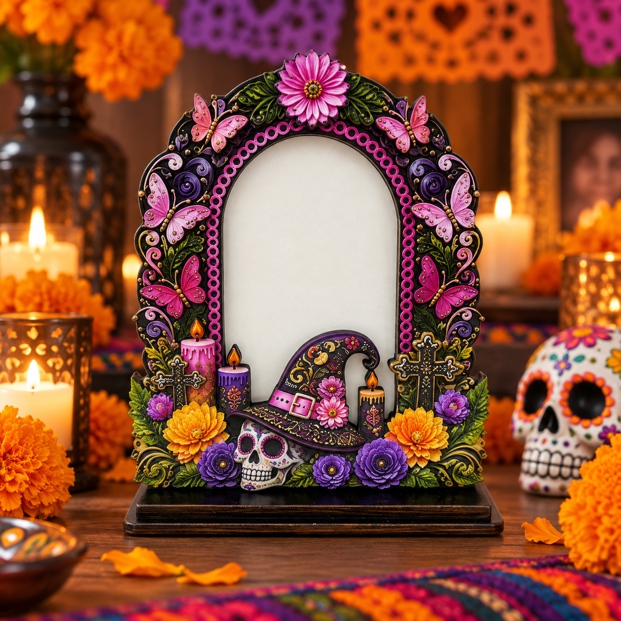 Day of the Dead Wooden Photo Frame – Día de los Muertos Decorative Frame for Altar, Shelf & Tabletop Display