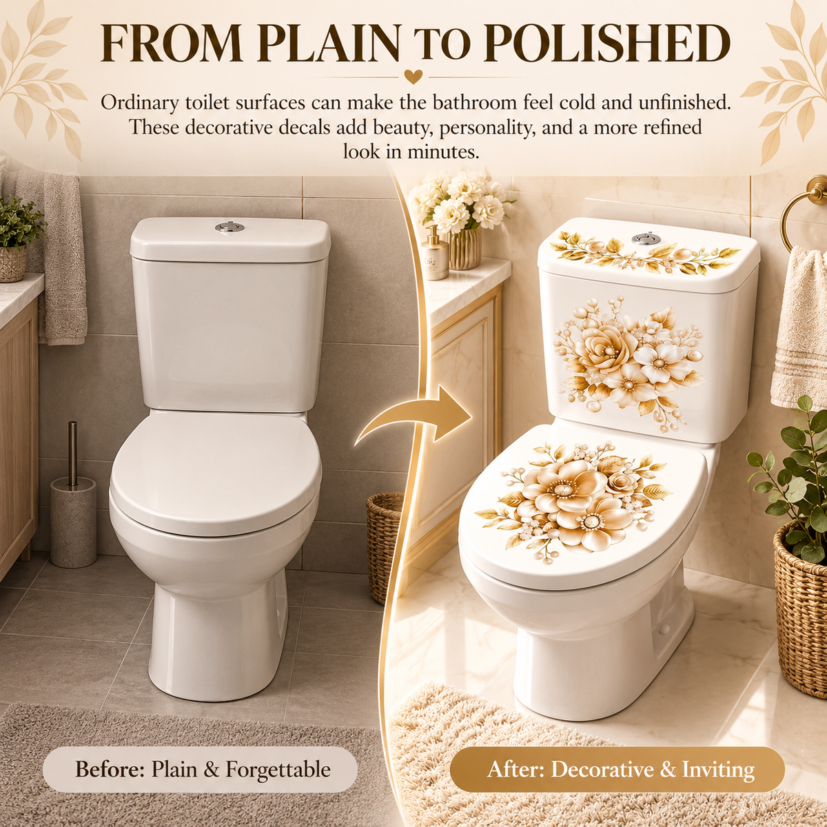 3-Piece Floral Bathroom Sticker Set – Peel & Stick PVC Decals, Waterproof Matte Finish, Instant Toilet & Wall Decor