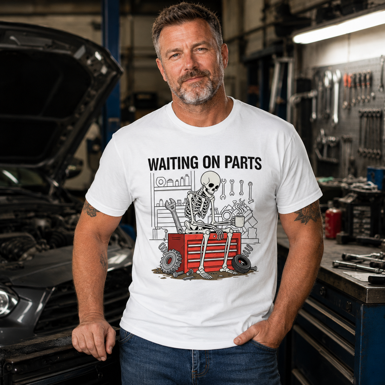 Funny Skeleton Mechanic T-Shirt – Garage Humor Tee for Car Guys, Dads & DIY Lovers