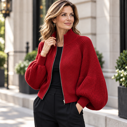 ✨ Stand-Collar Cropped Cardigan – Ribbed Knit Jacket with Lantern Sleeves, Easy Zip-Up & Slimming Fit for Fall Winter