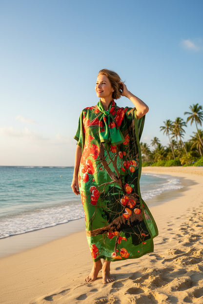 ✨ Women's Elegant Geometric Print Robe Set – Long Dress & Scarf Shawl, Satin Silk Beach Cover-Up 🌊