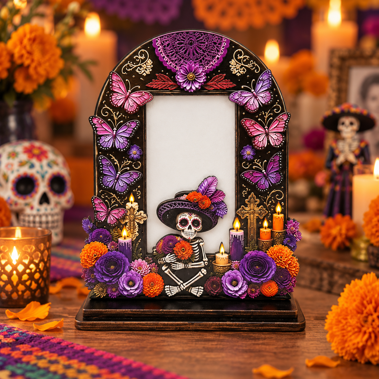 Day of the Dead Wooden Photo Frame – Día de los Muertos Decorative Frame for Altar, Shelf & Tabletop Display