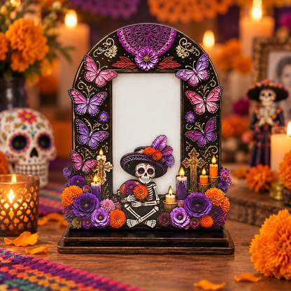 Day of the Dead Wooden Photo Frame – Día de los Muertos Decorative Frame for Altar, Shelf & Tabletop Display