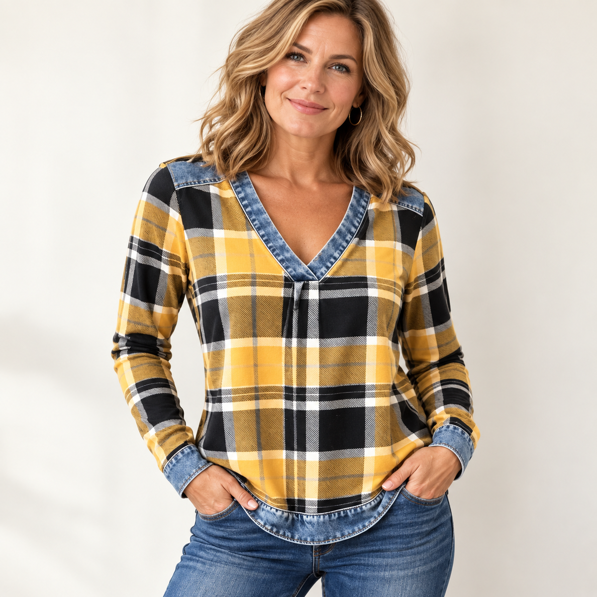 Color Block Plaid Blouse – Denim-Look Patchwork V-Neck, Long Sleeve, Relaxed Fit Women’s Shirt