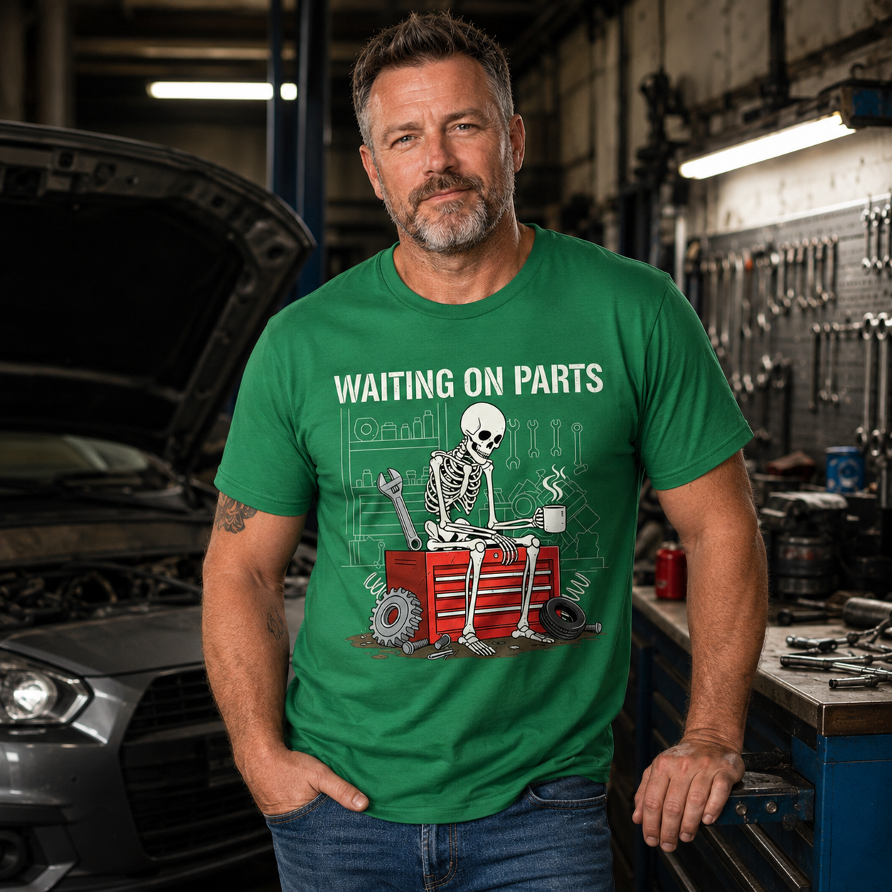 Funny Skeleton Mechanic T-Shirt – Garage Humor Tee for Car Guys, Dads & DIY Lovers