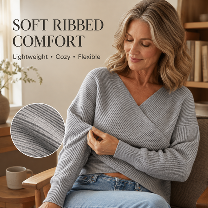 Women's Ribbed Wrap Cropped Sweater | V-Neck Long Sleeve
