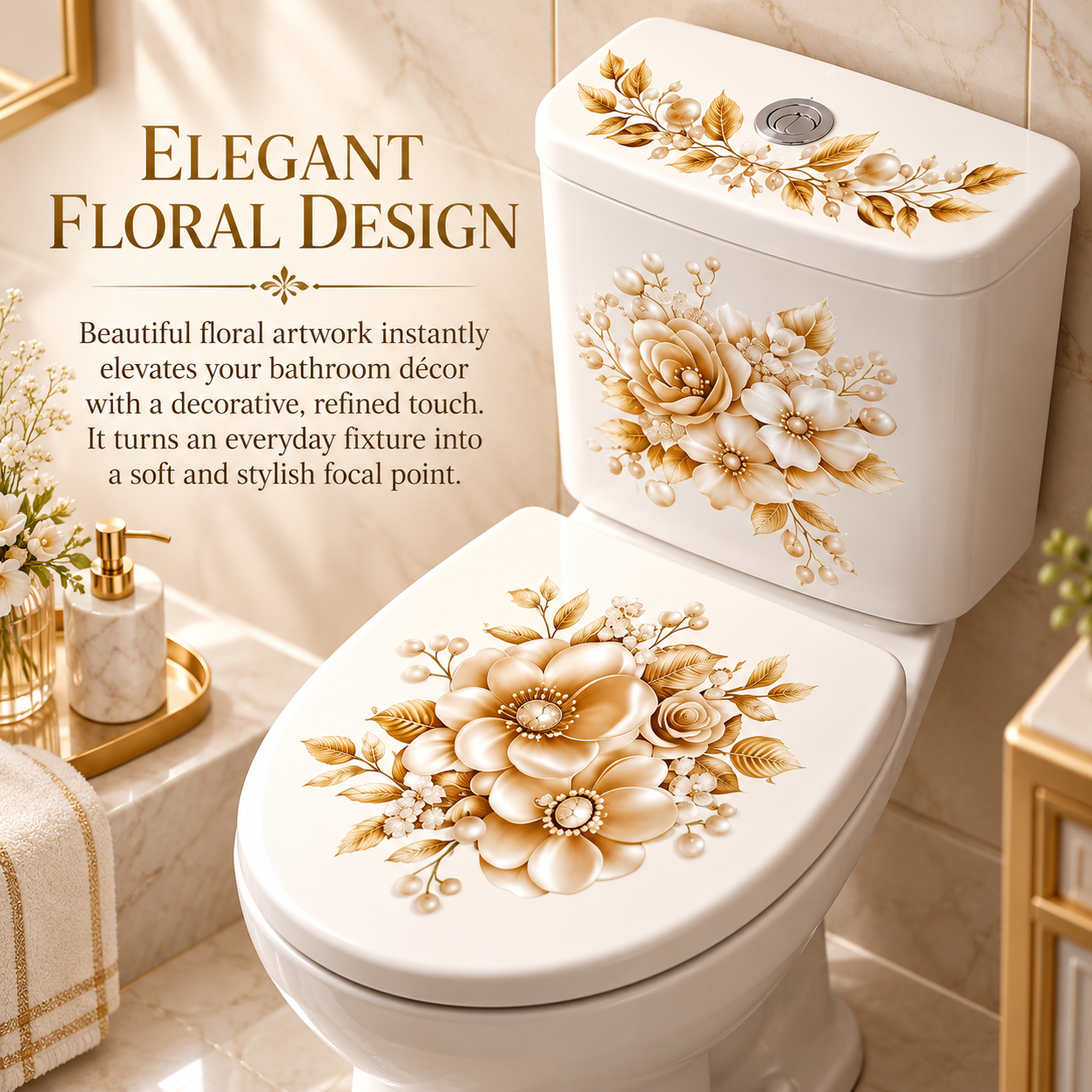3-Piece Floral Bathroom Sticker Set – Peel & Stick PVC Decals, Waterproof Matte Finish, Instant Toilet & Wall Decor