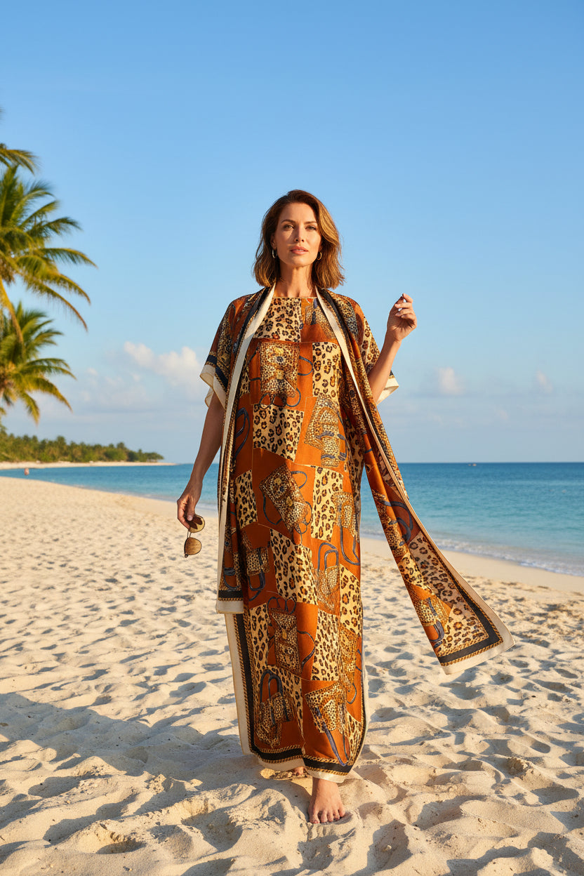 ✨ Women's Elegant Geometric Print Robe Set – Long Dress & Scarf Shawl, Satin Silk Beach Cover-Up 🌊