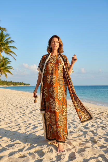 ✨ Women's Elegant Geometric Print Robe Set – Long Dress & Scarf Shawl, Satin Silk Beach Cover-Up 🌊