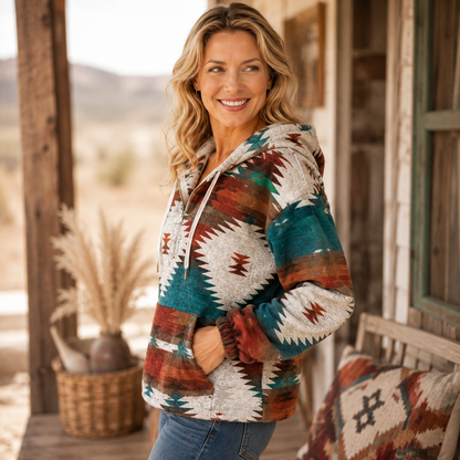 🧥 Cozy Aztec Zip-Up Hoodie – Women's Oversized Long Sleeve Sweatshirt, Relaxed Loose Fit Pullover 🍂✨