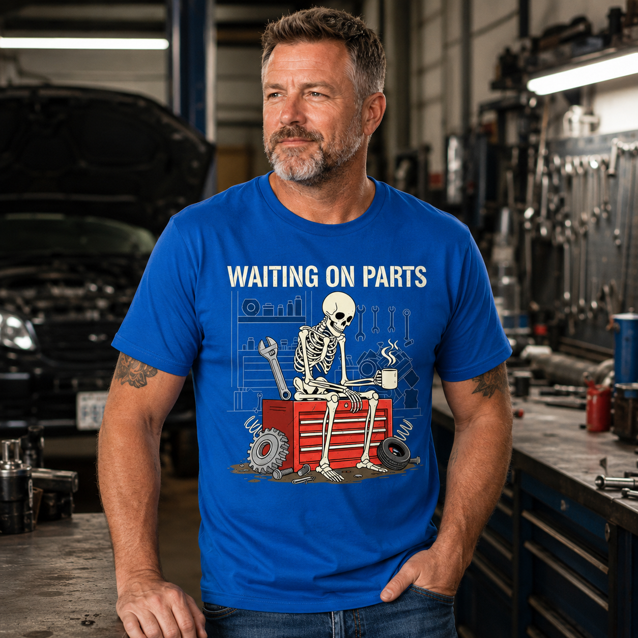 Funny Skeleton Mechanic T-Shirt – Garage Humor Tee for Car Guys, Dads & DIY Lovers
