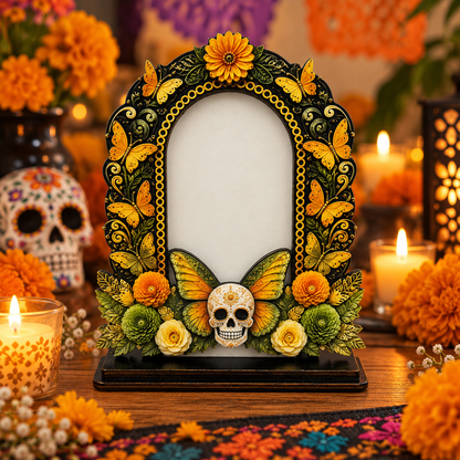 Day of the Dead Wooden Photo Frame – Día de los Muertos Decorative Frame for Altar, Shelf & Tabletop Display