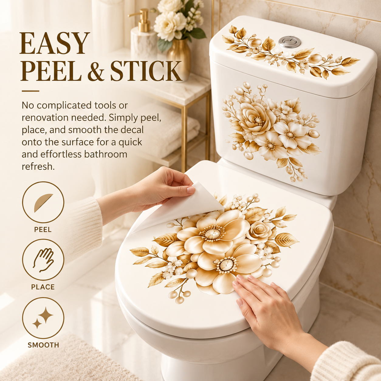 3-Piece Floral Bathroom Sticker Set – Peel & Stick PVC Decals, Waterproof Matte Finish, Instant Toilet & Wall Decor