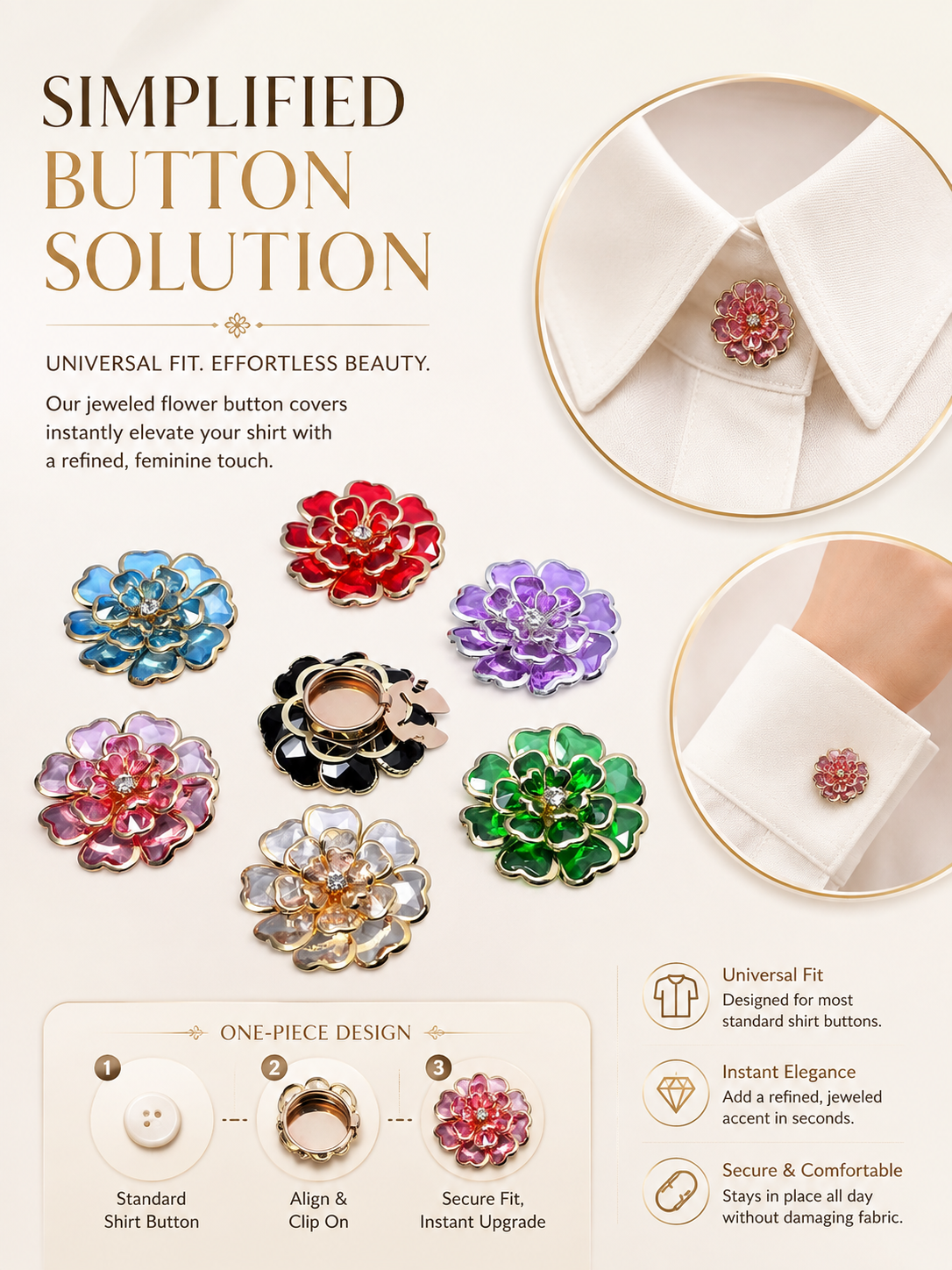 Rhinestone Camellia Button Covers – Snap-On Sparkle for Every Blouse