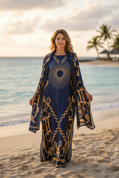✨ Women's Elegant Geometric Print Robe Set – Long Dress & Scarf Shawl, Satin Silk Beach Cover-Up 🌊