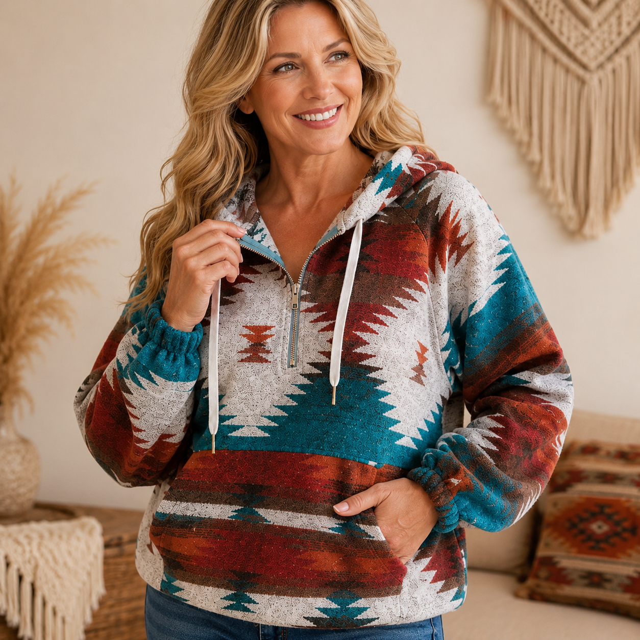 🧥 Cozy Aztec Zip-Up Hoodie – Women's Oversized Long Sleeve Sweatshirt, Relaxed Loose Fit Pullover 🍂✨