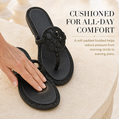✨ Sparkle Flat Sandals for Women – Gold Open-Toe Rhinestone Design, Comfortable Summer Slides