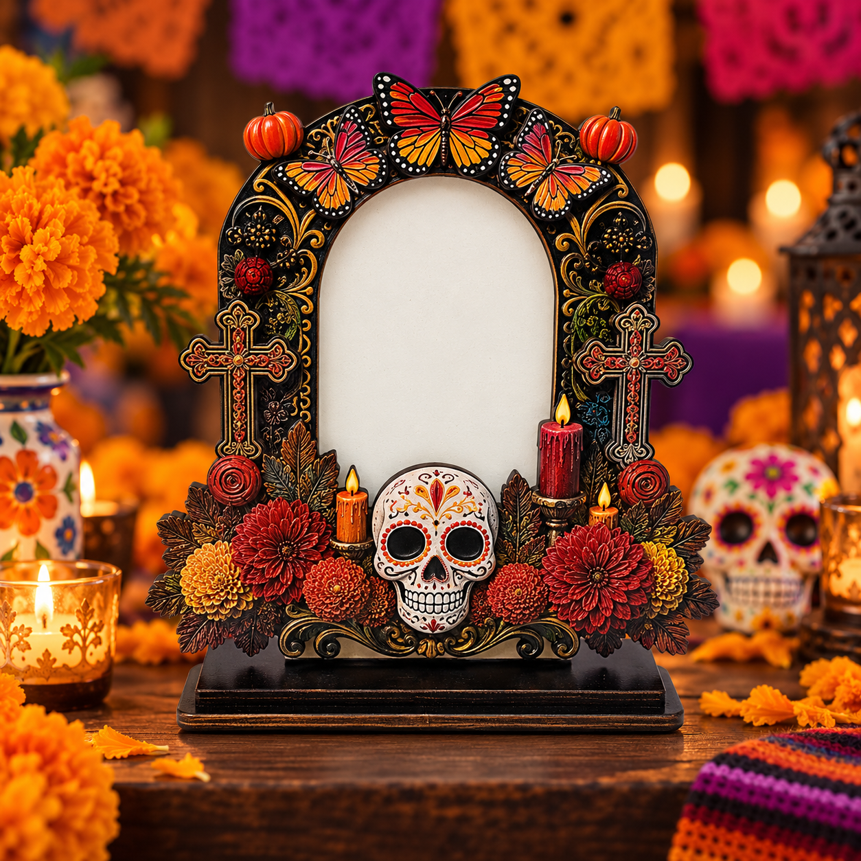 Day of the Dead Wooden Photo Frame – Día de los Muertos Decorative Frame for Altar, Shelf & Tabletop Display