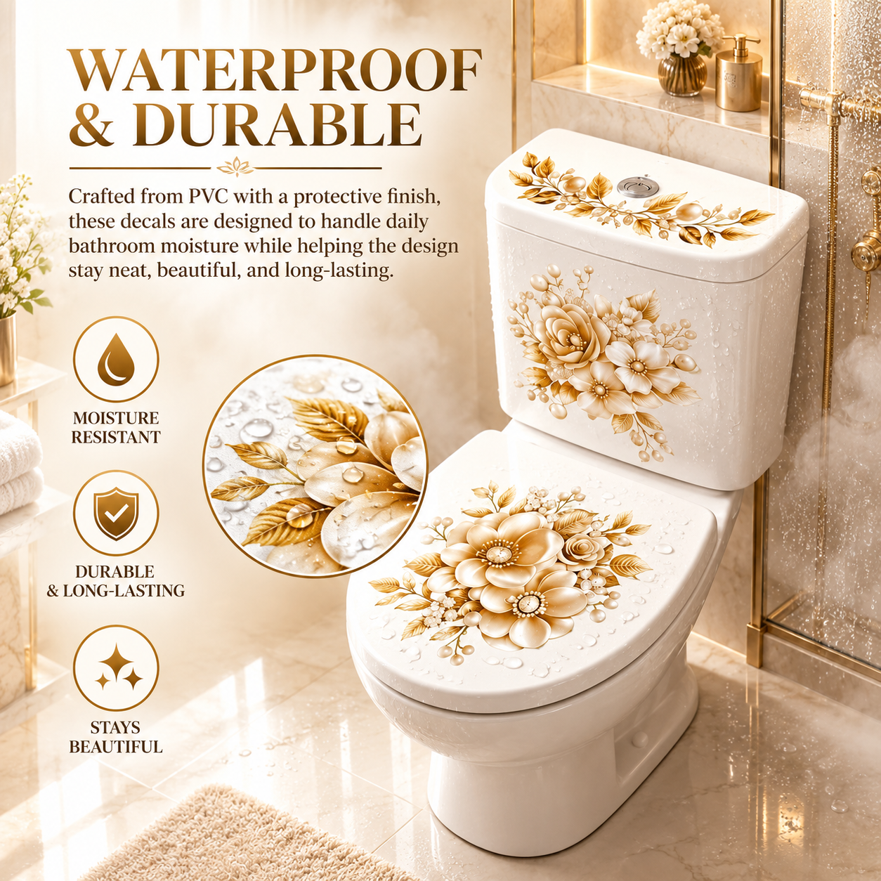 3-Piece Floral Bathroom Sticker Set – Peel & Stick PVC Decals, Waterproof Matte Finish, Instant Toilet & Wall Decor