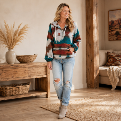 🧥 Cozy Aztec Zip-Up Hoodie – Women's Oversized Long Sleeve Sweatshirt, Relaxed Loose Fit Pullover 🍂✨