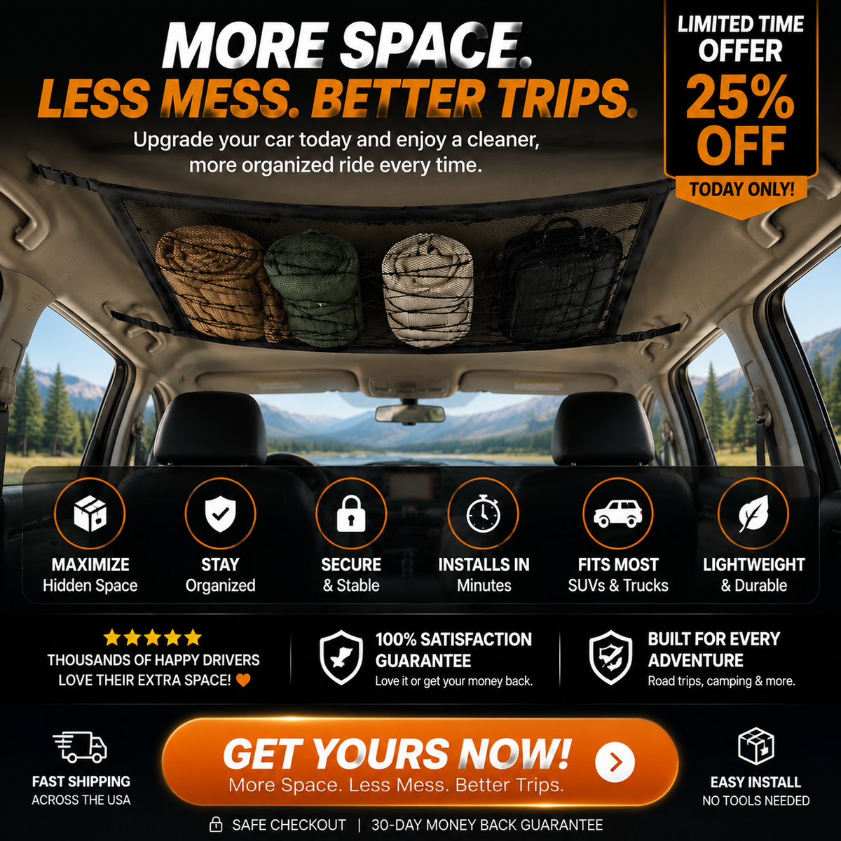 🚗 Hidden Roof Cargo Net – Car Ceiling Storage Organizer, Space-Saving for Travel & Camping