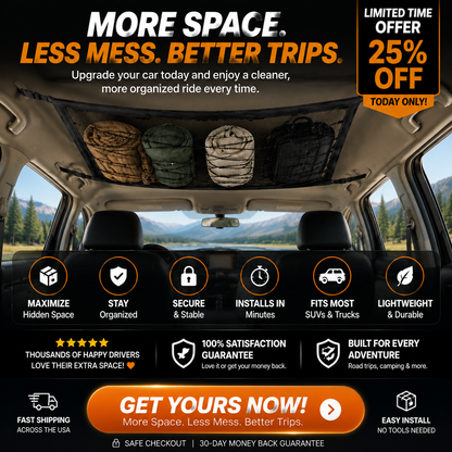 🚗 Hidden Roof Cargo Net – Car Ceiling Storage Organizer, Space-Saving for Travel & Camping