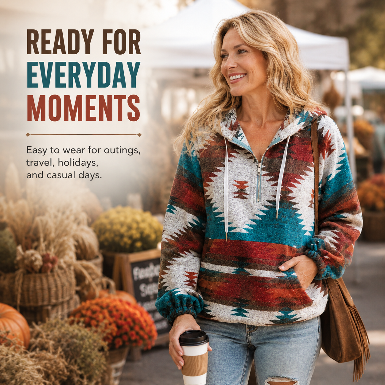 🧥 Cozy Aztec Zip-Up Hoodie – Women's Oversized Long Sleeve Sweatshirt, Relaxed Loose Fit Pullover 🍂✨