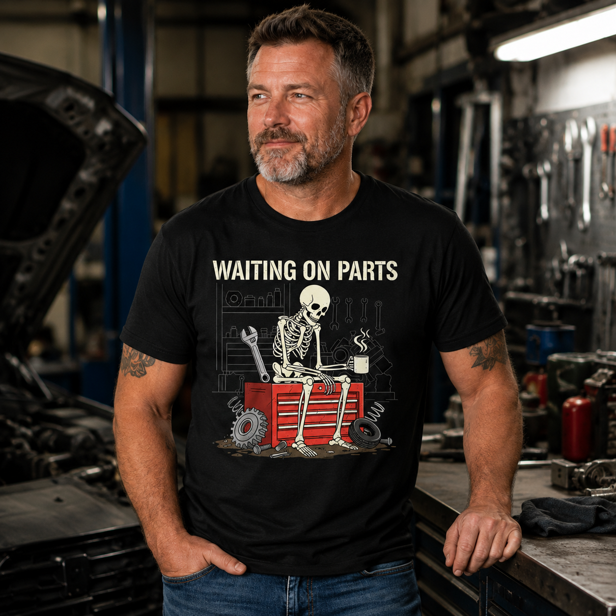 Funny Skeleton Mechanic T-Shirt – Garage Humor Tee for Car Guys, Dads & DIY Lovers