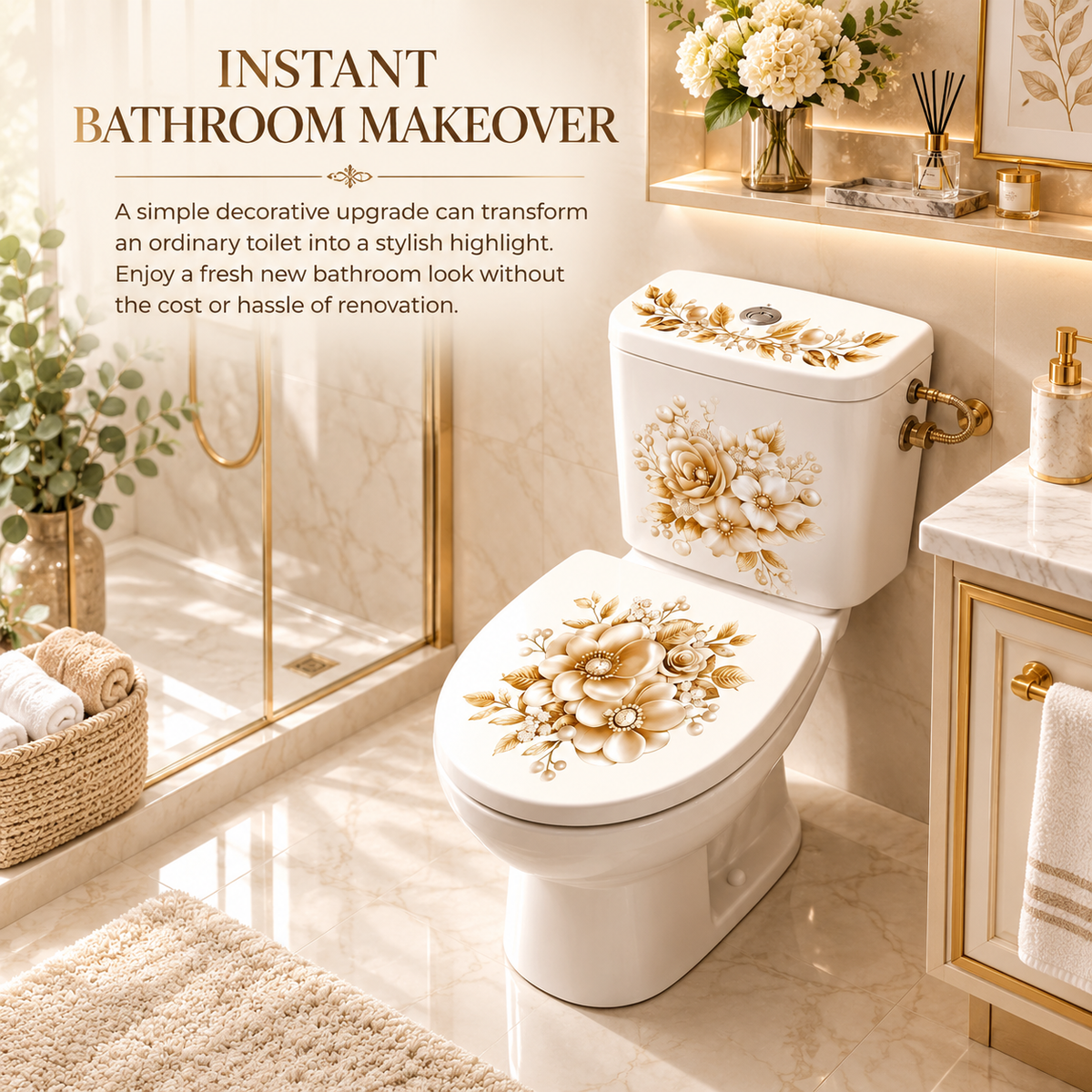 3-Piece Floral Bathroom Sticker Set – Peel & Stick PVC Decals, Waterproof Matte Finish, Instant Toilet & Wall Decor