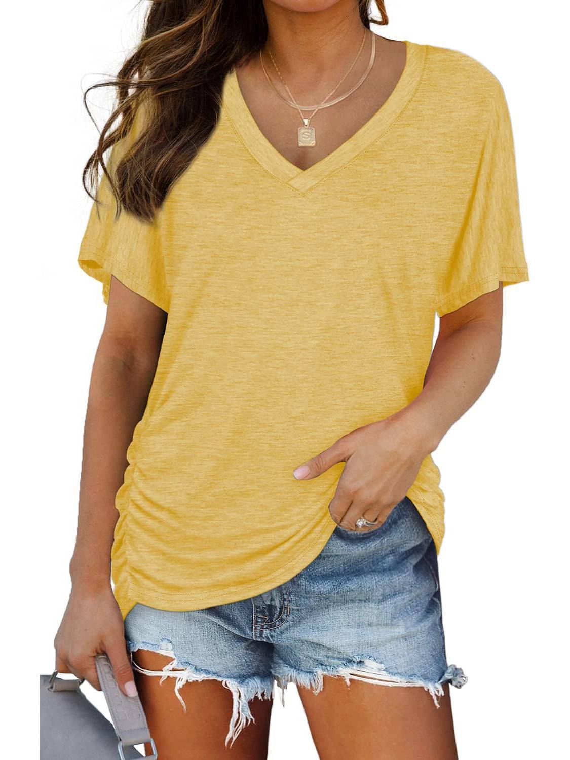 Womens Short Sleeve V Neck Dolman Tops with Side Shirring Loose Fit Shirts