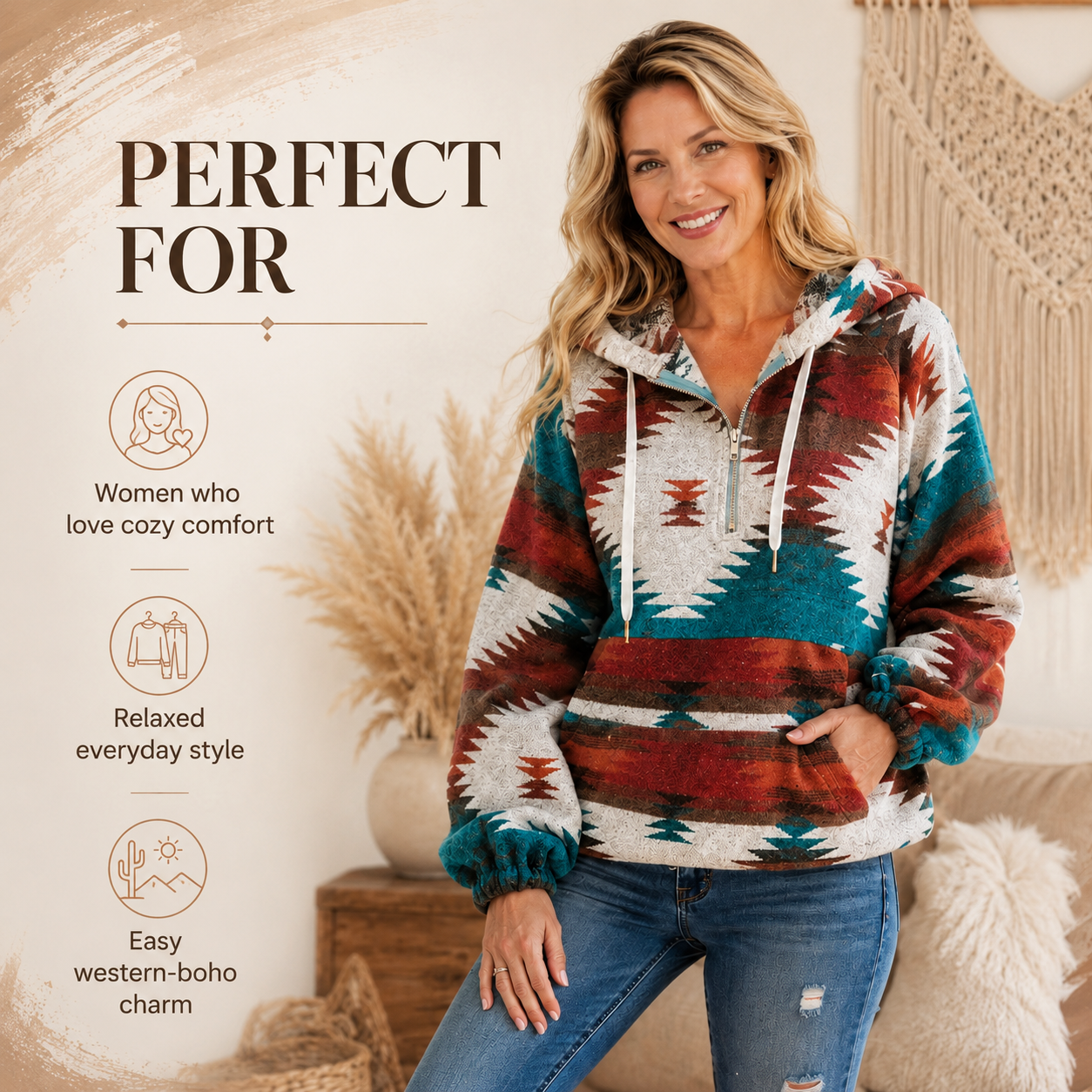 🧥 Cozy Aztec Zip-Up Hoodie – Women's Oversized Long Sleeve Sweatshirt, Relaxed Loose Fit Pullover 🍂✨