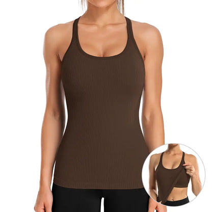 🏋️‍♀️ Women's Ribbed Workout Tank Top with Built-in Bra | Tight Racerback Scoop Neck Athletic Shirt