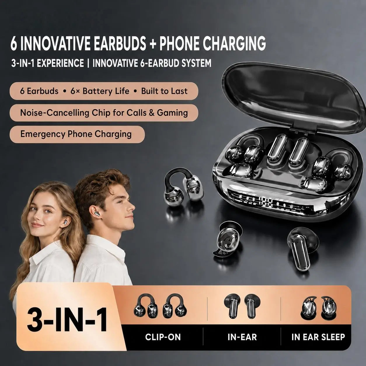 6-Piece Clip-On Earbuds with Power Bank Case