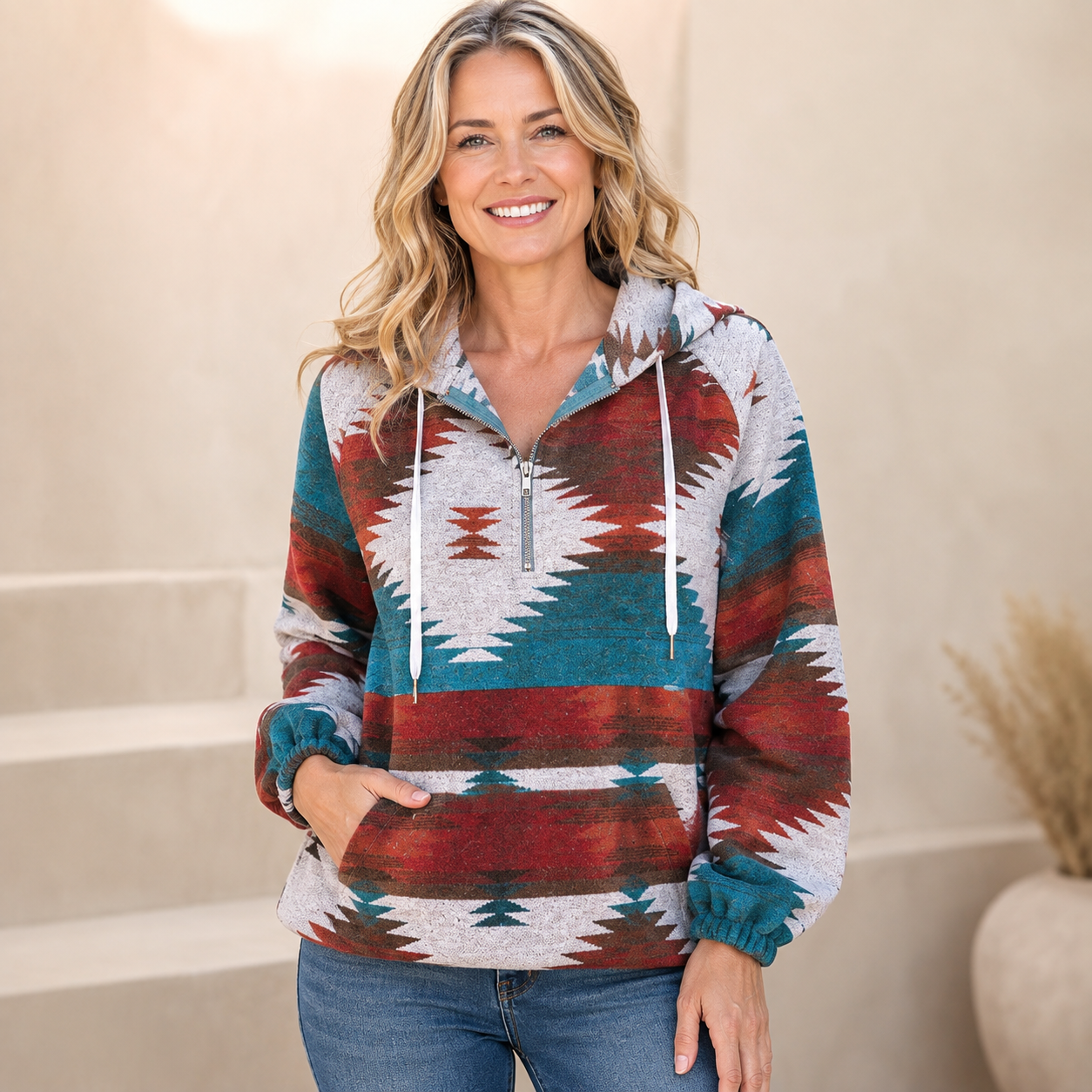 🧥 Cozy Aztec Zip-Up Hoodie – Women's Oversized Long Sleeve Sweatshirt, Relaxed Loose Fit Pullover 🍂✨