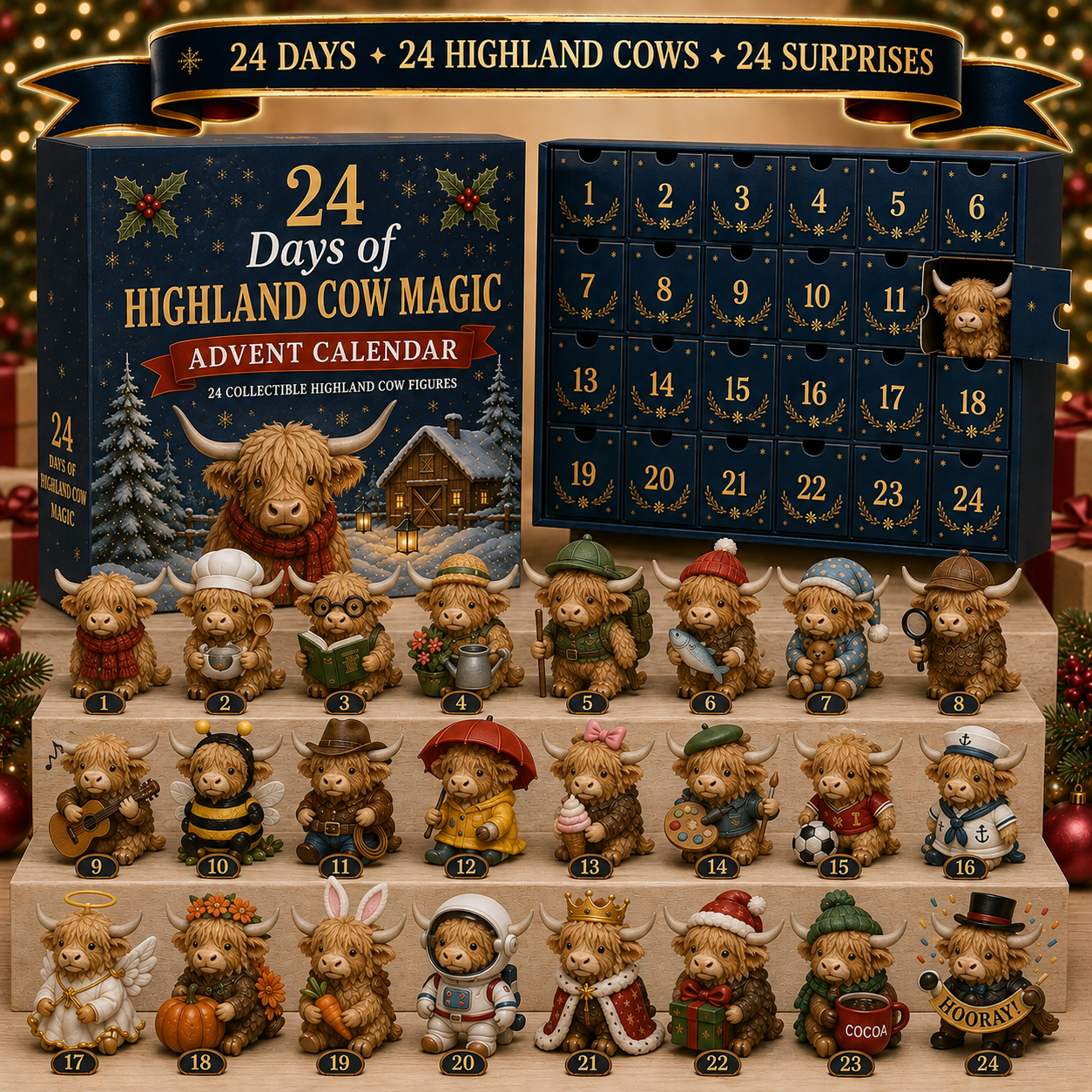 24 Days of Highland Cow Magic Advent Calendar – 24 Collectible Christmas Highland Cow Surprises