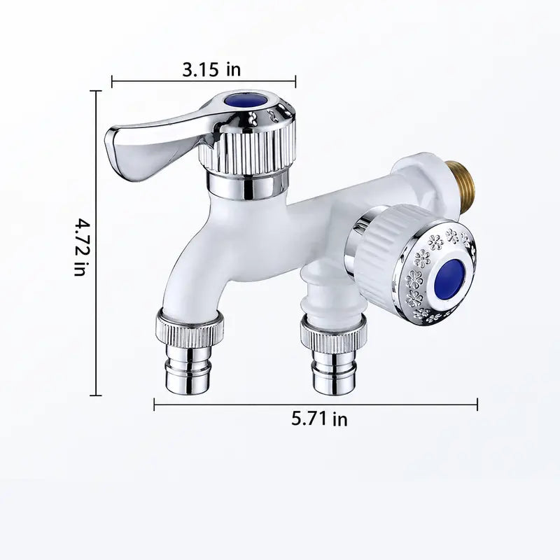 🔧 1-In-2-Out Plastic Water Tap – Dual Independent Control Valves, 3/4" Universal Fit, Leak-Proof Ceramic Core, All-Weather Resistant