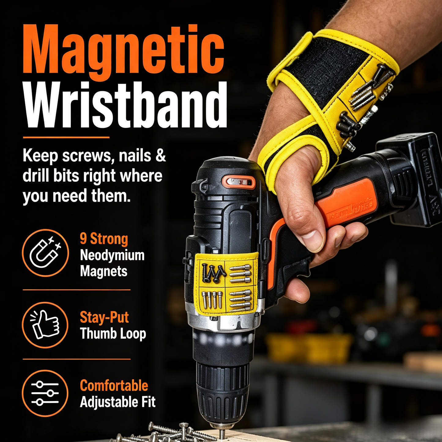🧲 Magnetic Wristband – Holds Screws, Nails & Bits
