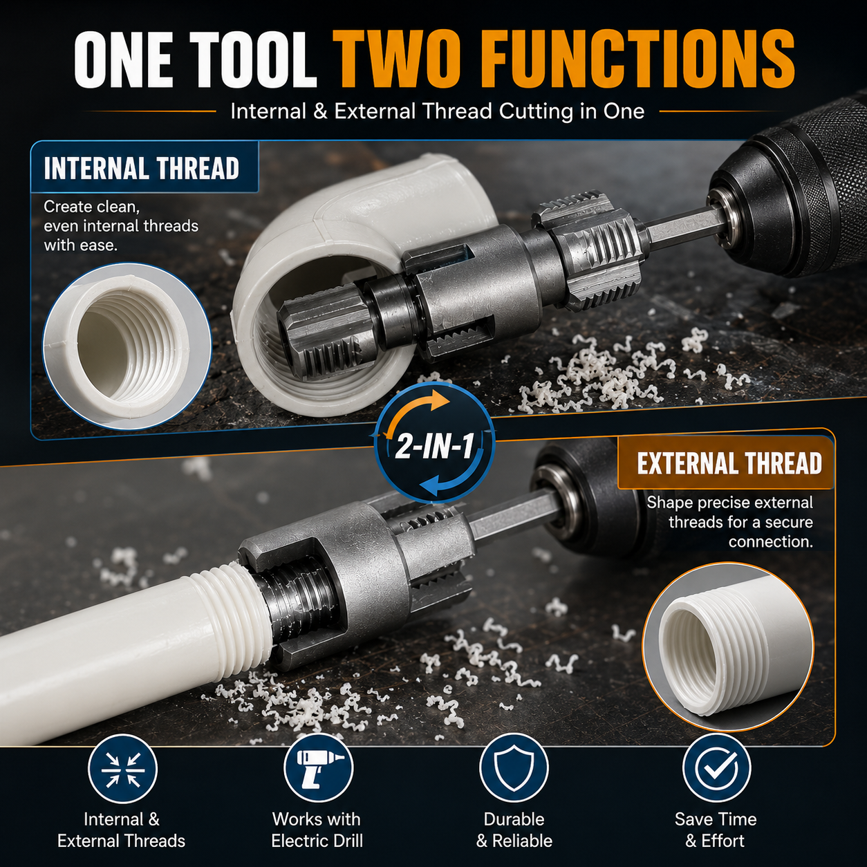 Drill Powered Pipe Thread Cutting Tool Bit for Internal External Threads