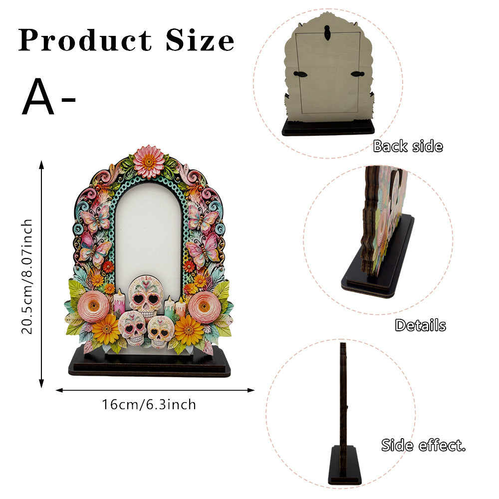 Day of the Dead Wooden Photo Frame – Día de los Muertos Decorative Frame for Altar, Shelf & Tabletop Display